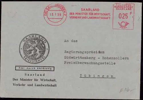 601200 | Saarland, Dienstbrief, Frei durch Ablösung Freistempel Minister für Wirtschaft, Verkehr und Landwirtschaft | Sa