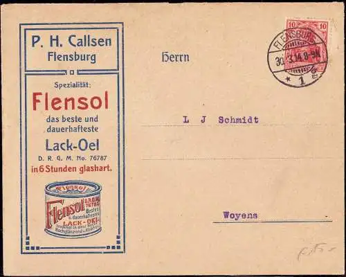 601209 | dekorativer Brief mit Werbung der Firma P. H. Callsen, Farben Lacke, Flensol  | Flensburg (W - 2390), -,