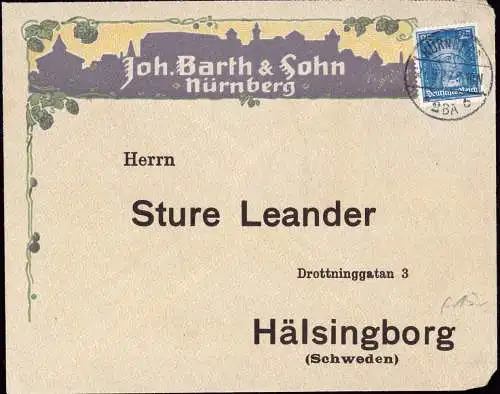 601212 | Dekorativer Brief der Firma Joh. Barth & Sohn nach Schweden  | Nürnberg (W - 8500), -,