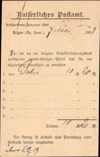 601215 | Postsache, Rechnung über die Versicherung der Landbriefträgerpferde | Uelzen (W 3110), Einbeck (W 3352)