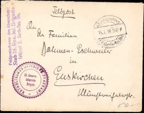 601226 | Feldpost des Katholischen Divisions Pfarramt bei der 20.Reserve Infanterie Brigade „Prinz Franz“ | Lindau (W 89