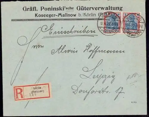 601230 | Brief, per Einschreiben von der Gräflich Poninskische Güterverwaltung Kosseger Mallnow, Adel  | Körlin a./Pers,
