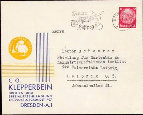 601278 | Dekorativer Werbeumschlag der Firma Klepperbein, Werbung, Vogel, Comic, Design | Dresden (O 8010)