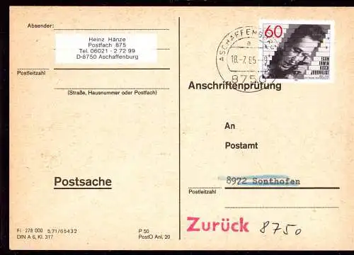 601311 | seltene Anschriftenprüfung, Egon Erwin Kisch, Zeitung, Journalist, Schriftsteller  | Aschaffenburg, Sonthofen