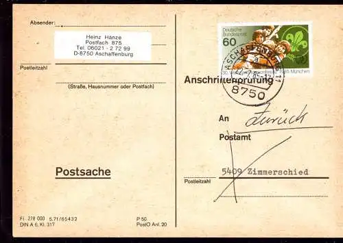 601318 | seltene Anschriftenprüfung, Pfadfinder  | Aschaffenburg (W - 8750), Zimmerschied (W - 5409),