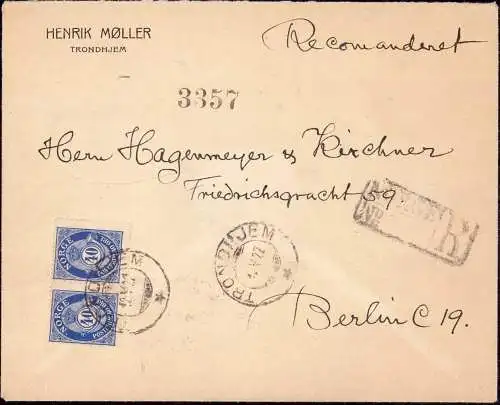 601372 | Norway, Einschreiben der Firma Henrik Möller, Devisenkontrolle der Postüberwachungsstelle Berlin W8 | Trondheim