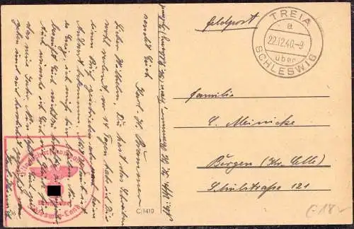 601398 | Feldpostkarte Fliegerhorstkommandantur  | Treia (W - 2381), Schleswig (W - 2380),