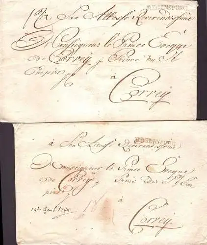 601400 | Bayern, 2 Belege ohne Inhalt, Vorphilatelie 1793 an den Prinzen in Corvey, Siegel  | Regensburg (W - 8400), Höx