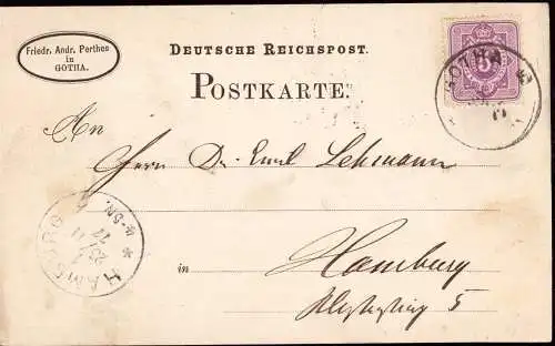 601448 | 1877, Postkarte der Firma Perthes  | Gotha (O - 5800), -,