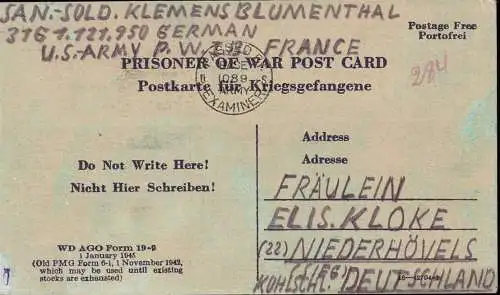 601464 | Kriegsgefangenenpost POW aus Frankreich vom Tag der Kapitulation 8.5.45, Zensur, Deutsche Geschichte  |