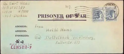 601506 | Kriegsgefangenenpost POW, Interniertenpost ehemaliges Konzentrationslager, Zensur, War Crimes Censorer | Dachau