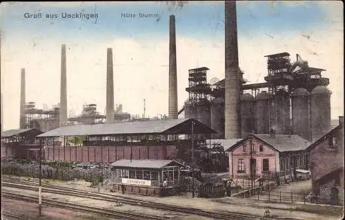 601513 | Ansicht der Eisenhütte Stumm in Ueckingen, Eisenbahn, Bahnhof | Uckange;Moselle (F 57270 Frankreich)