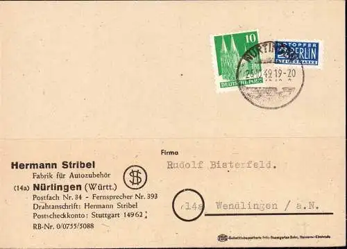 601539 | Stribel, Fabrik für Autoteile, Postkarte mit aptierten Stempel, Bauten,  | Nürtingen (W - 7440), -,