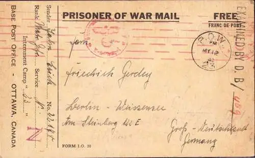 601540 | Canada, Kriegsgefangenenpost POW, Interniertenpost aus dem Lager Ottawa mit Zeichnung, Zensur  | -, -,