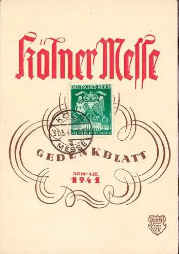 601545 | 1941, Gedenkblatt, Souvenirkarte mit Sonderstempel der Kölner Messe | Köln (W 5000)