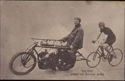 601692 | Ansichtskarte Fahrrad, Motorrad, Radsport, Steher, Motor-paced racing, Fritz Graf  | -, -,