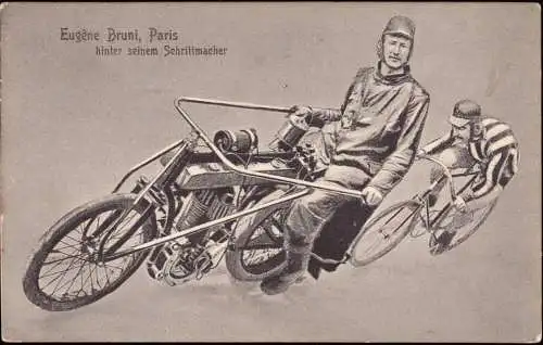 601694 | Ansichtskarte Fahrrad, Motorrad, Radsport, Steher, Motor-paced racing, Eugene Bruni  |