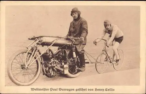 601700 | Ansichtskarte Fahrrad, Motorrad, Radsport, Steher, Motor-paced racing, Paul Darragon  |
