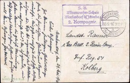 601705 | Feldpostkarte 1916 von der Minenwerfer - Schule  | Markendorf (O - 1701), Jüterbog (O - 1700),