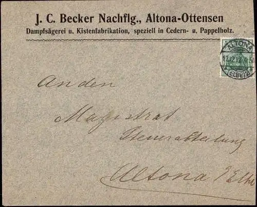 601714 | 12.12.1912, Datum auf Brief der Dampfsägerei J.C.Becker in Ottensen, Erh. 3, angeschnitten | Altona, Hamburg