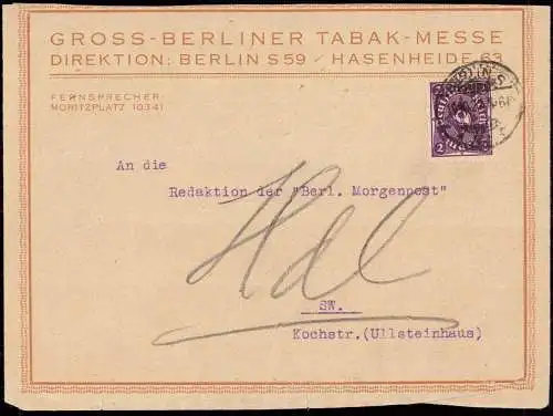 601722 | Brief Direktion der Gross Berliner Tabak Messe, Firmenlogo, erh. 2, Knitter  | Berlin (W - 1000), -,