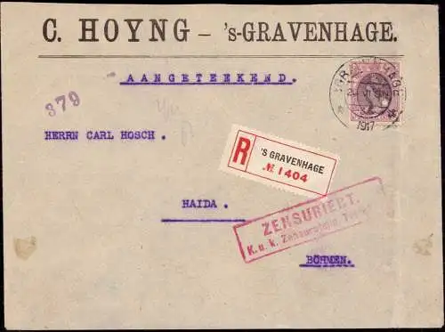 601723 | Brief 1917, Firma C. Hoyng per Einschreiben von s´Gravenhage, Zensur | Den Haag (NL 25xx Niederlande), Tetschen
