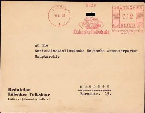 601802 | Propaganda 2. WK, Freistempel Brief des Lübecker Volksboten, Kogge | Lübeck (W 2400)