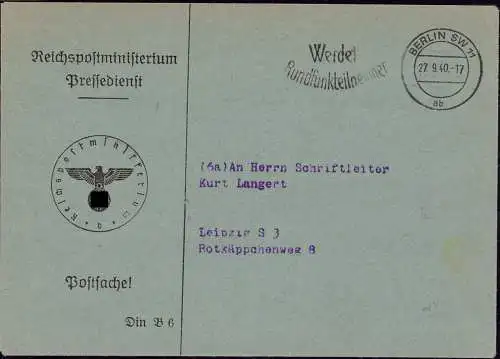 601805 | Dienstbrief, Postsache des Reichspostministerium, Pressedienst | Berlin (W 1000)