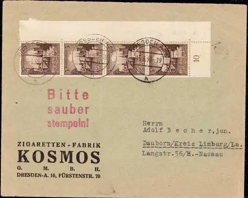 601817 | Brief mit Eckrandstück, Bogenrand, Tabak, Kosmos Zigaretten Fabrik  | Dresden (O - 8010), -,