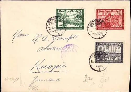 601828 | Postkameradschaft, 16.5.41, 3 Tage vor dem Ersttag, Bunte Frankatur durch die Zensur nach Finnland  | Worms (W