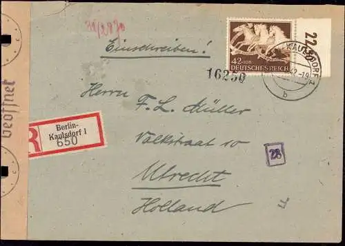 601838 | Einzelfrankatur braunes Band mit Bogenrand  im Europatarif, Zensur nach Utrecht NL | Kaulsdorf;Marzahn, Berlin