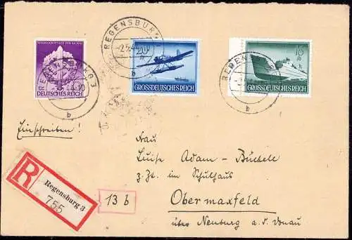 601846 | 1944, portogerechter Brief per Einschreiben  | Regensburg (W - 8400), -,