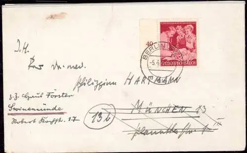601847 | 1944, Brief, frankiert mit Sondermarke vom Bogenrand  | Berlin (W - 1000), -,