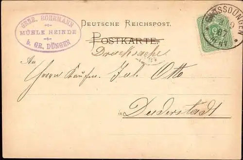 601859 | Vorläufer 1887, Vertreterkarte der Mühle Heinde, Gebr. Rohrmann in Gross Düngen | Bad Salzdetfurth (W 3202)