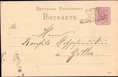 601865 | Ganzsache 1883,  mit Bahnpost 3 Zeiler  | Ilmenau (O - 6300), Neudietendorf (O - 5103),
