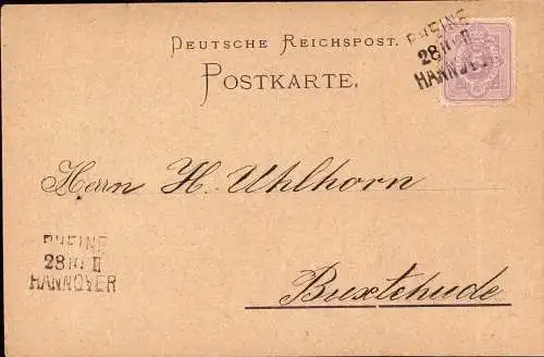 601868 | Postkarte 1880 der Firma Lammering aus Schüttorf, mit Bahnpost 3 Zeiler | Rheine (W 4440), Hannover (W 3000)