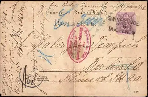 601872 |  Postkarte 1888, Bahnpost 3 Zeiler, Retour, Erh. 3 | Swinemünde, Kreis Usedom-Wollin Pommern), Ducherow