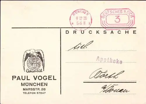 601890 | Postkarte der Firma Paul Vogel, Lebertran mit Firmenlogo, Postfreistempel  | München (W - 8000), -,