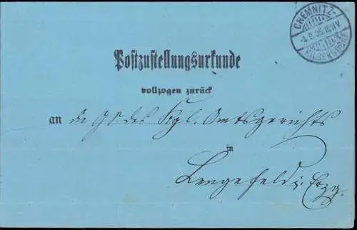 601893 | Postzustellungsurkunde 1905 nach Langenfeld im Erzgebirge | Hilbersdorf (O 9206), Chemnitz (O 9010)