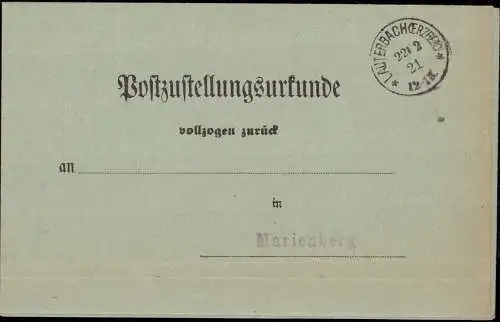 601894 | Postzustellungsurkunde 1921  | Lauterbach (O - 9341), Marienberg (O - 9340),