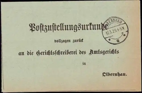 601895 | Postzustellungsurkunde 1929  | Olbernhau (O - 9330), -,