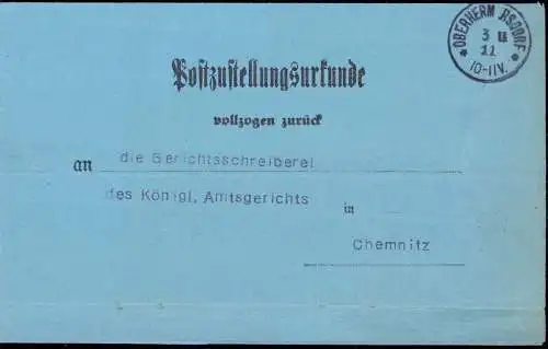 601897 | Postzustellungsurkunde 1911 mit beschädigten Stempel Oberhermersdorf | Chemnitz (O 9010)