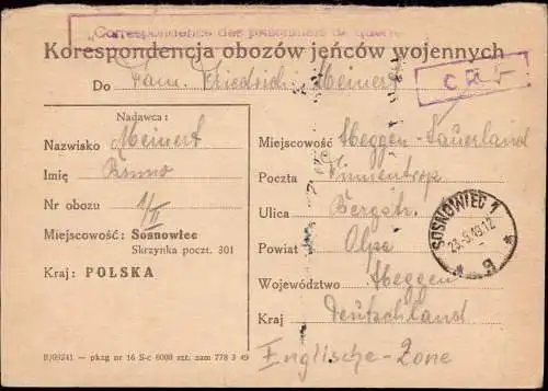 601904 | Oberschlesien seltene Kriegsgefangenenpost POW (1949) Kohlegruben in Sosnowiec, Zensur, Bergbau Kohle  |