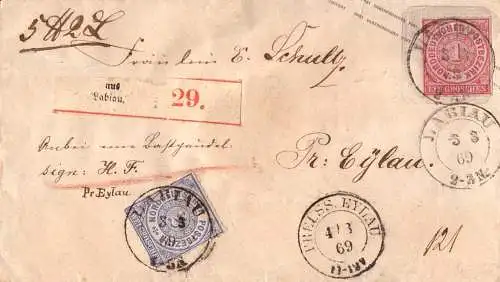 601907 | Ostpreussen, Ganzsache mit Zusatzfrankatur, dekorativer Paketbegleitbrief, Polessk | Labiau, Preußisch Eylau