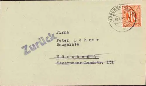 601919 | Ortsbrief Retour, Geschäft und Wohnung ausgebombt, Luftkrieg, Tegernseer Landstrasse | Pasing  ; München (W 800