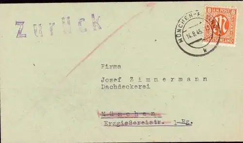 601920 | Ortsbrief Retour, Haus zerstört Luftkrieg, Erzgießereistr | Pasing  ; München (W 8000)