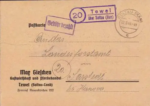 601921 | Postkarte mit Landpoststempel und Gebühr bezahlt aus Tewel  | Soltau (W - 3040), -,