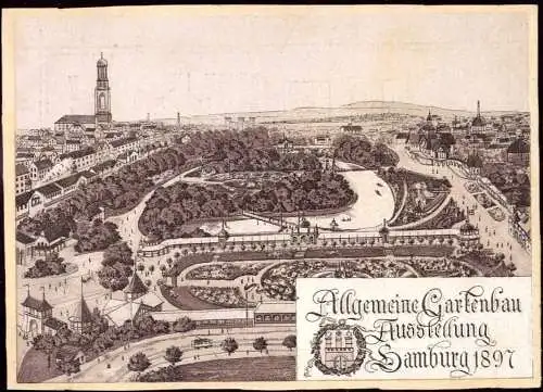 601922 | Litho Allgemeine Gartenbau Ausstellung 1897, aufgeklebt auf Werbung Möbelhandlung Fuchs, Gänsemarkt | Hamburg (