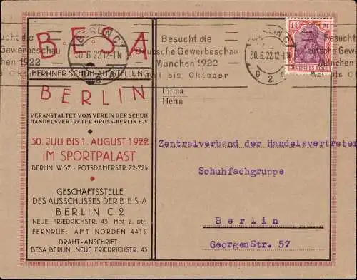 601933 | Werbung, 1922, Brief und Vignette der Berliner Schuh Ausstellung (BESA) im Sportpalast  | Berlin (W - 1000), -,