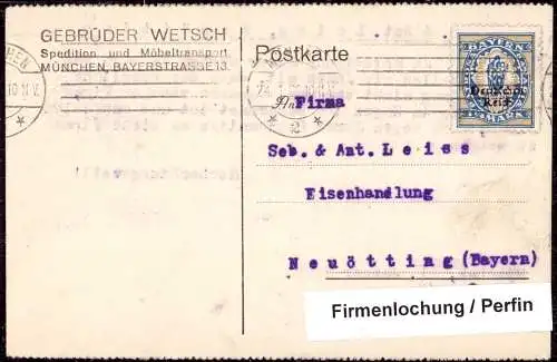 602038 | Postkarte der Firma Gebrüder Wetsch, Spedition mit Firmenlochung Perfin, Bayern Abschied  | München (W - 8000),